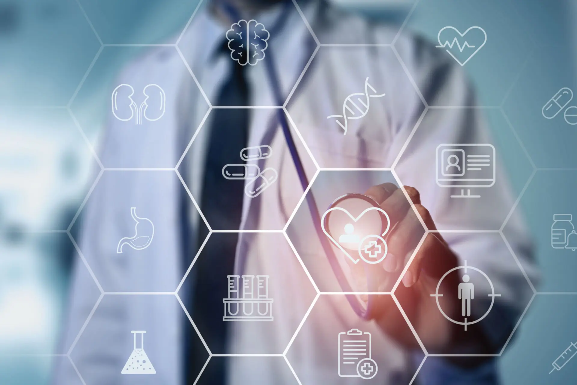 figure pointing to icons on digital whiteboard