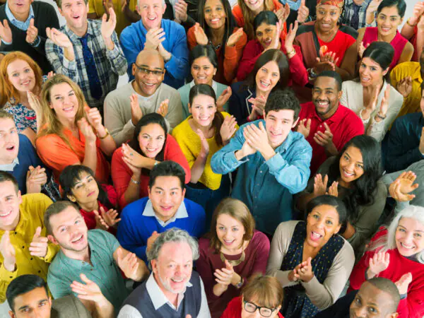 Large group of people in colorful outfits